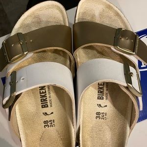 Arizona split white/gold Birkenstocks